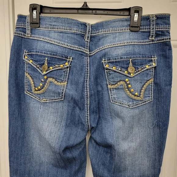 Cache Gold Grommet Factory Distressed Straight Leg Denim Jeans Size 10 - Picture 8 of 14